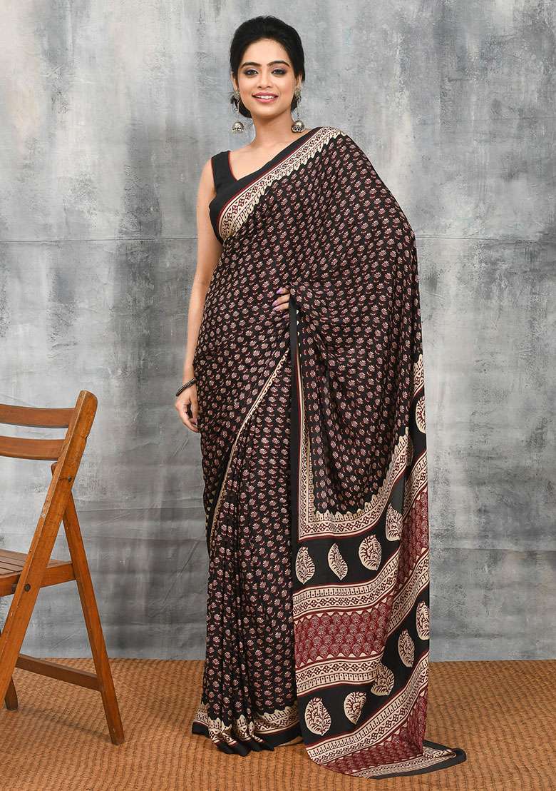 Black Satin Saree Set with Printed for Diwali | Wedding & Festive Wear - Indya