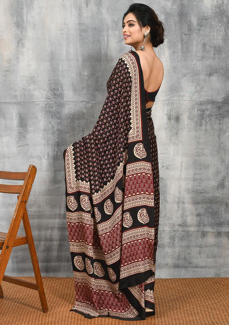 Black Printed Satin Saree Set