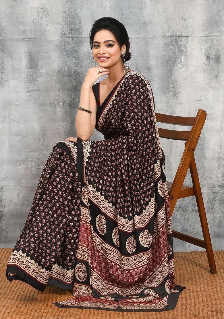 Black Satin Saree Set with Printed for Diwali | Wedding & Festive Wear - Indya