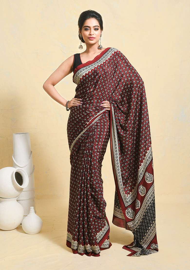 Maroon Satin Saree Set with Printed for Diwali | Wedding & Festive Wear - Indya