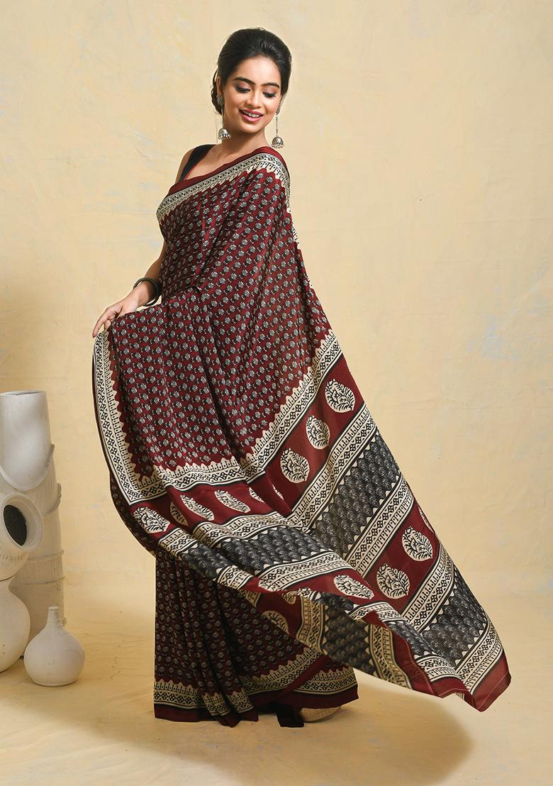 Maroon Printed Satin Saree Set