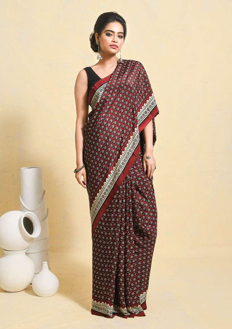 Maroon Satin Saree Set with Printed for Diwali | Wedding & Festive Wear - Indya
