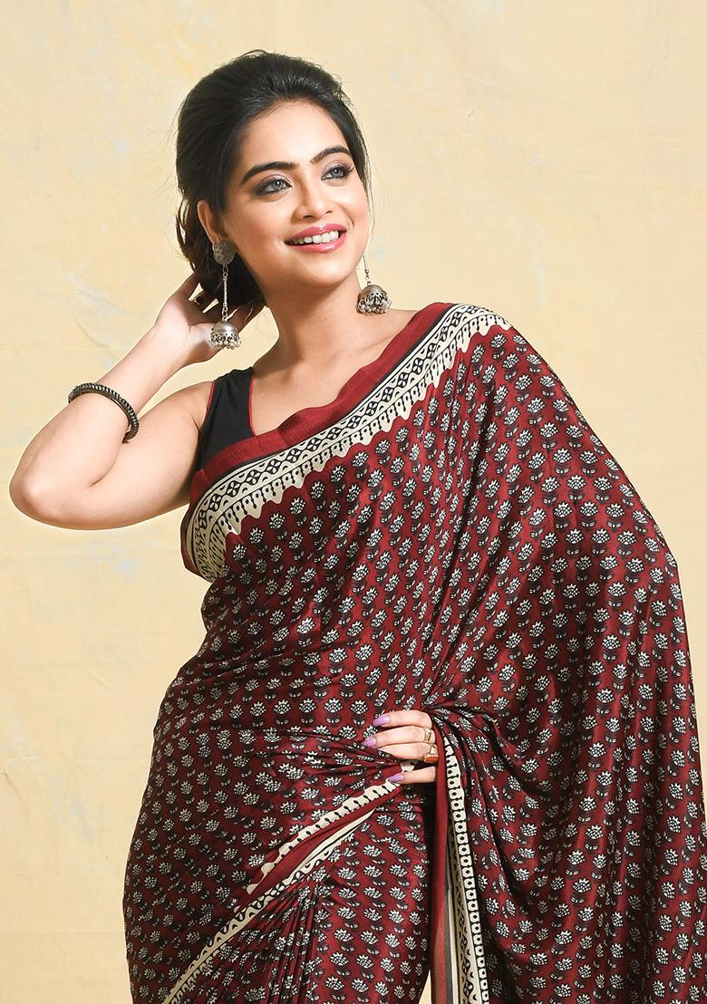 Maroon Printed Satin Saree Set