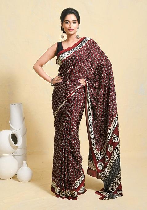 Maroon Printed Satin Saree Set