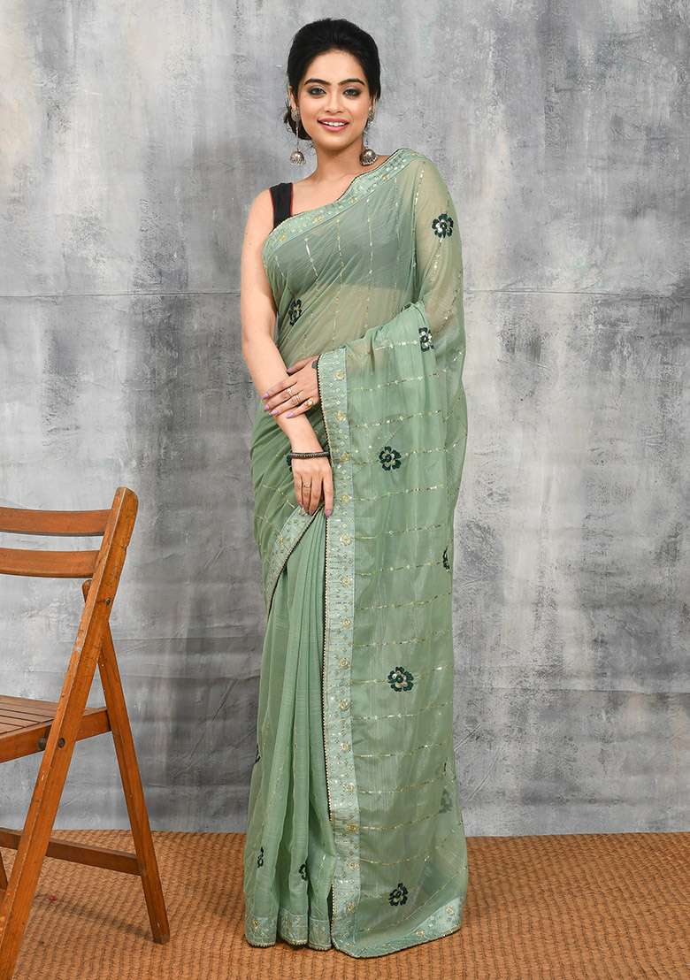Green Embellished Georgette Saree Set for Diwali and Festive Wear - Indya