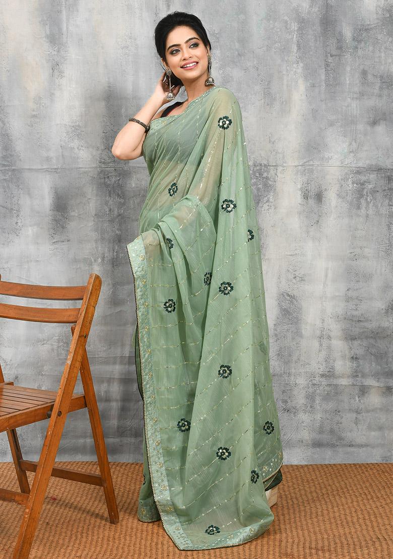 Green Embellished Georgette Saree Set