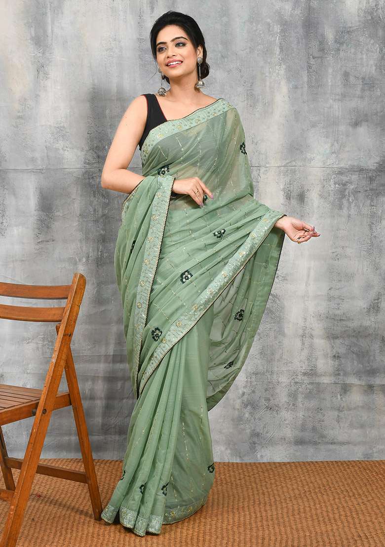 Green Embellished Georgette Saree Set for Diwali and Festive Wear - Indya