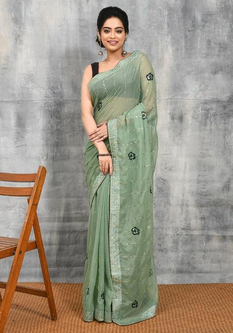 Green Embellished Georgette Saree Set