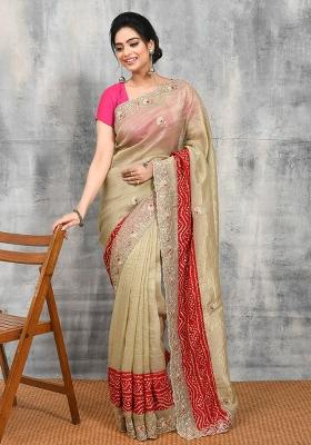 Beige Embellished Satin Saree Set