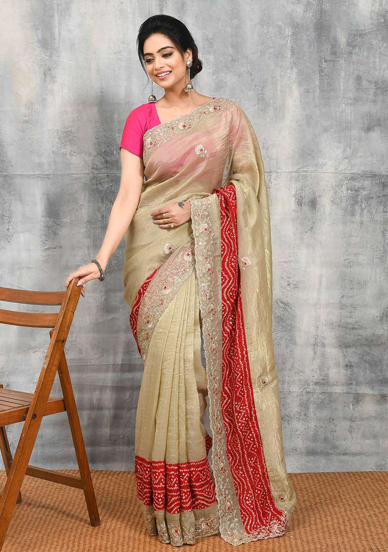Beige Embellished Satin Saree Set for Diwali and Festive Wear - Indya