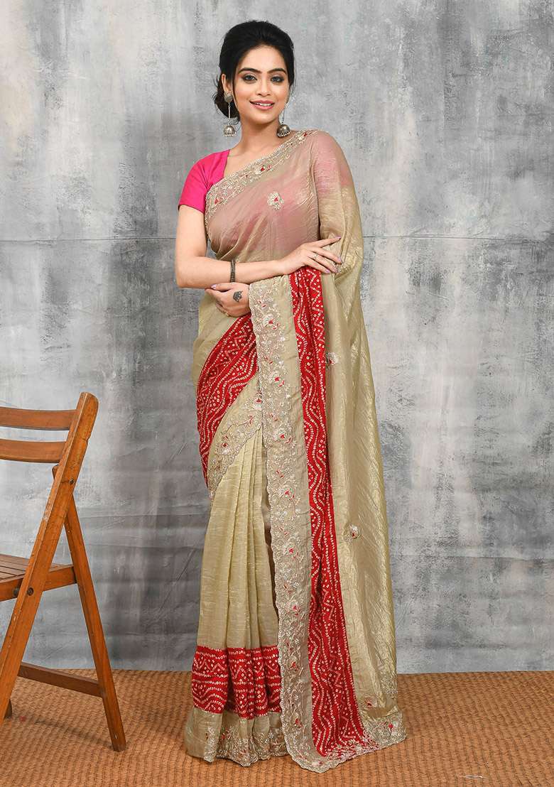 Beige Embellished Satin Saree Set for Diwali and Festive Wear - Indya