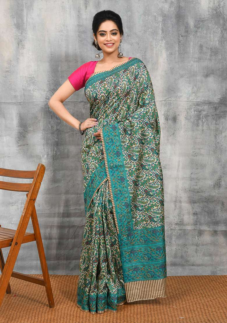 Green Blend Art Silk Saree Set with Printed for Diwali | Wedding & Festive Wear - Indya