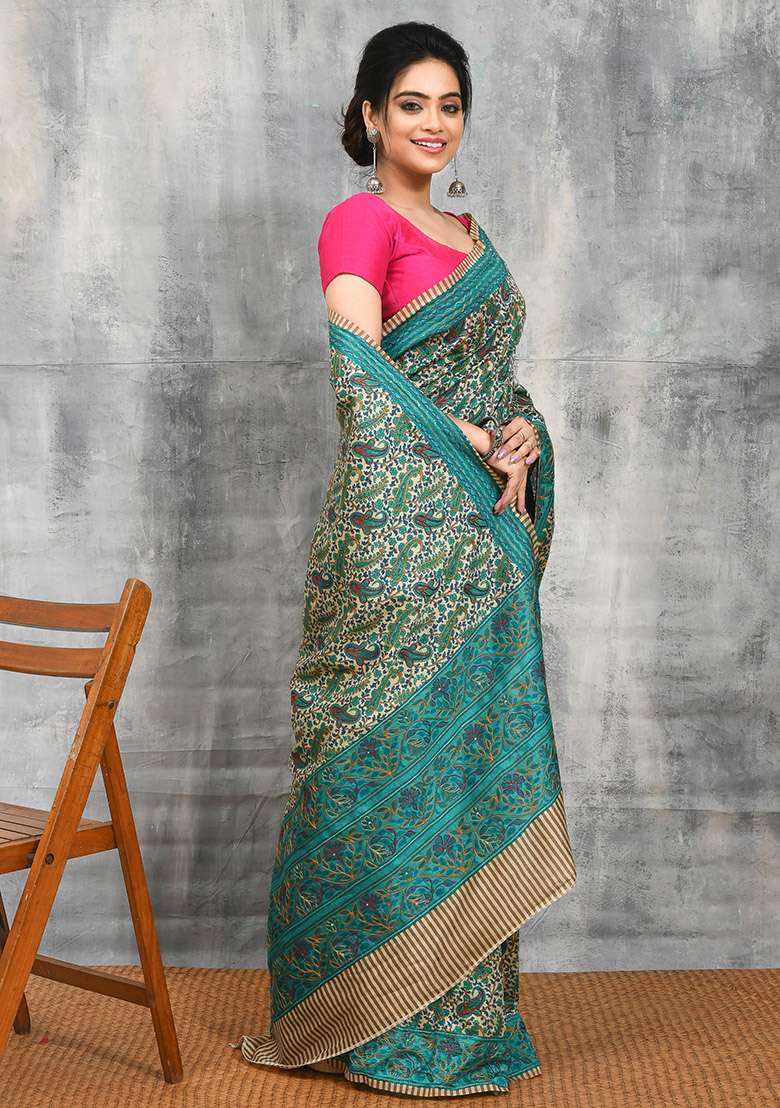 Green Blend Art Silk Saree Set with Printed for Diwali | Wedding & Festive Wear - Indya