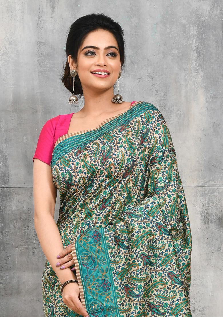 Green Printed Art Silk Saree Set