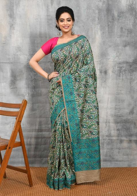 Green Printed Art Silk Saree Set