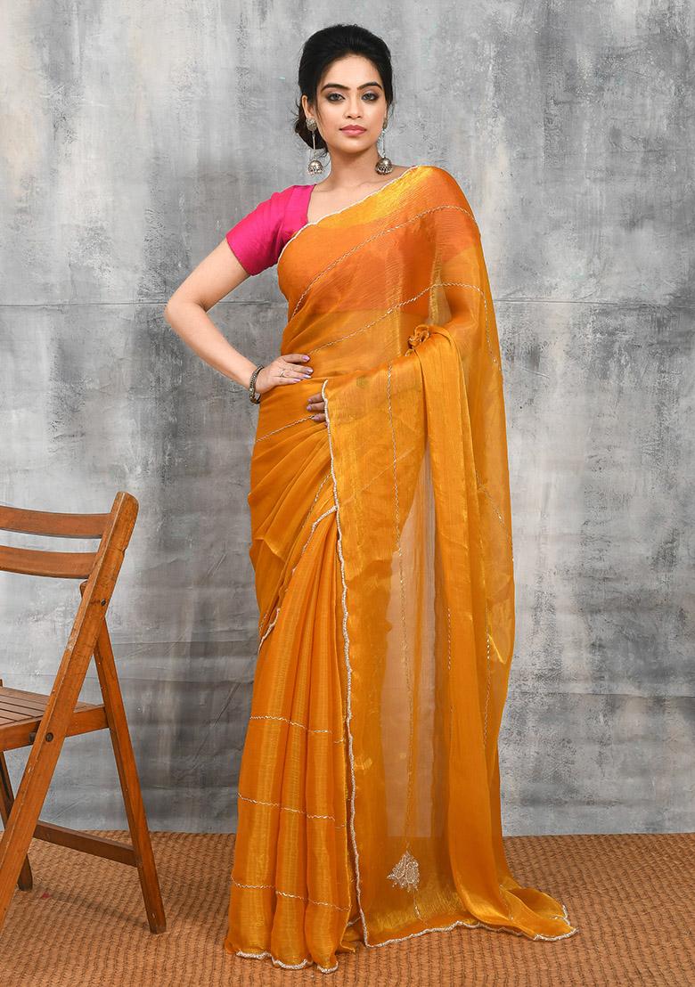 Yellow Embellished Chiffon Saree Set