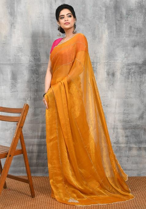 Yellow Embellished Chiffon Saree Set