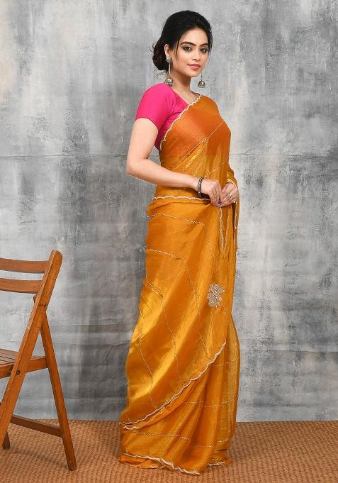 Yellow Embellished Chiffon Saree Set