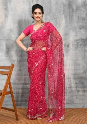 Pink Embellished Chiffon Saree Set