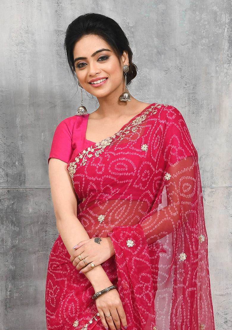 Pink Embellished Chiffon Saree Set