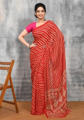 Red Printed Chiffon Saree Set