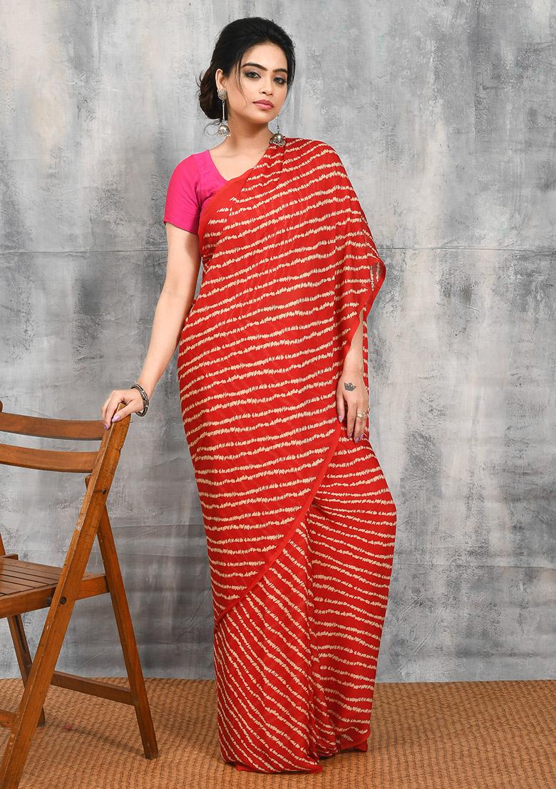 Red Printed Chiffon Saree Set