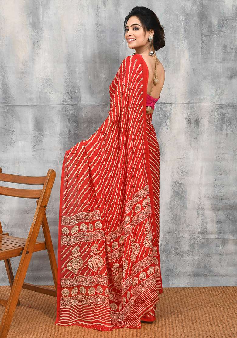 Red Chiffon Saree Set with Printed for Diwali | Wedding & Festive Wear - Indya