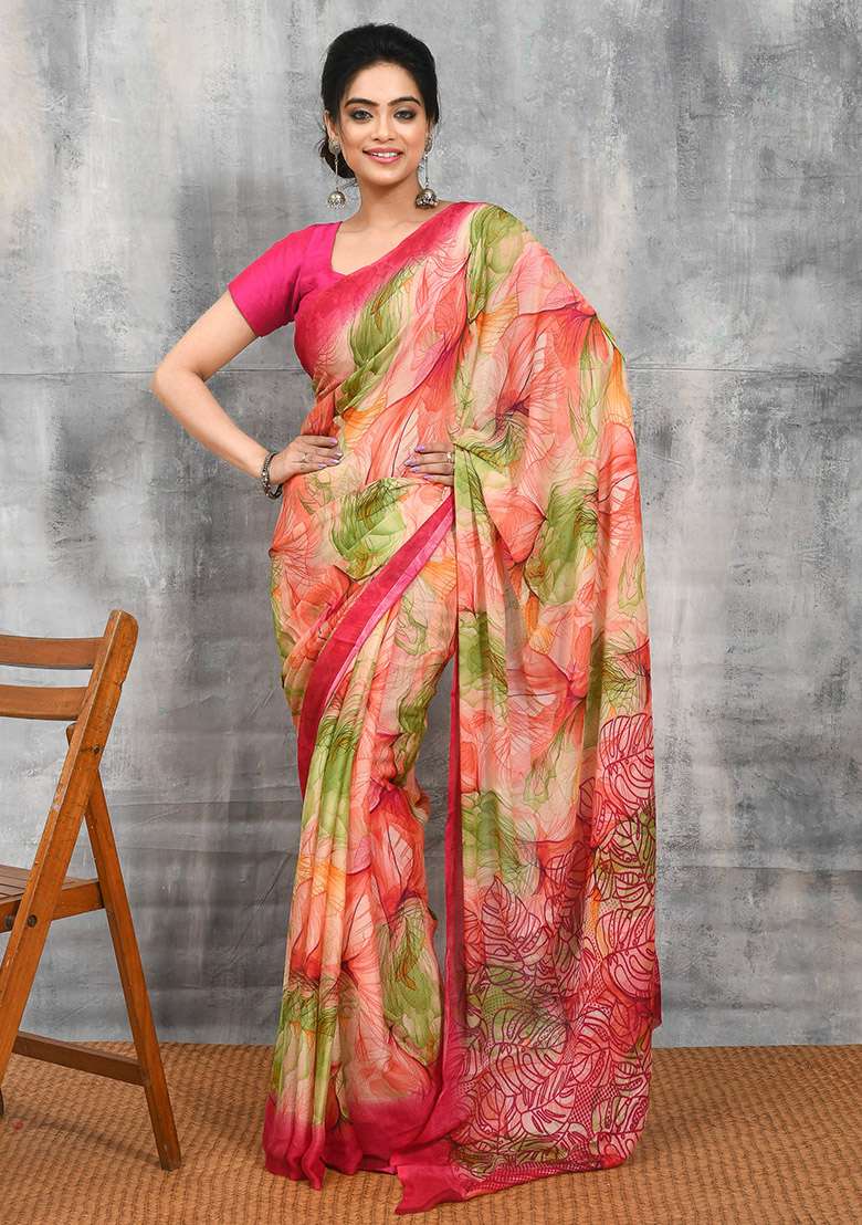 Pink Chiffon Saree Set with Printed for Diwali | Wedding & Festive Wear - Indya