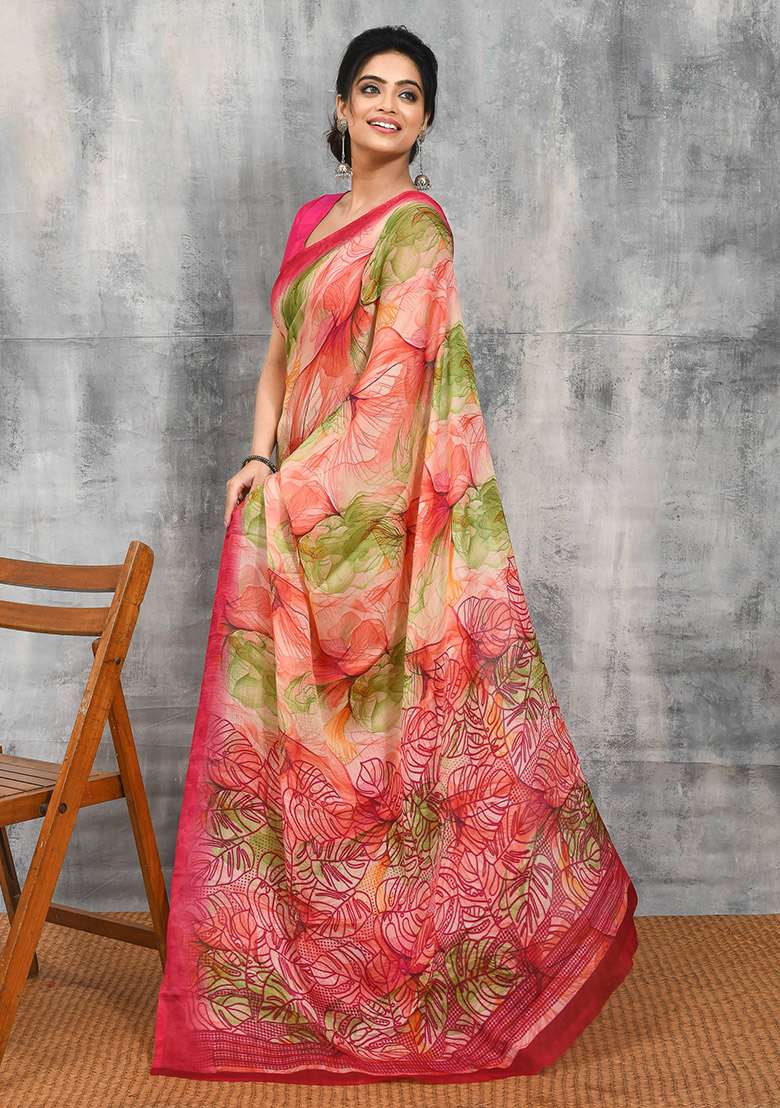 Pink Chiffon Saree Set with Printed for Diwali | Wedding & Festive Wear - Indya