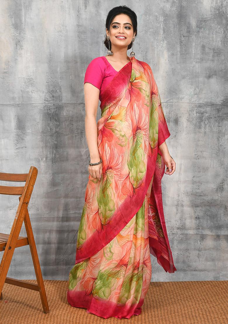 Pink Printed Chiffon Saree Set