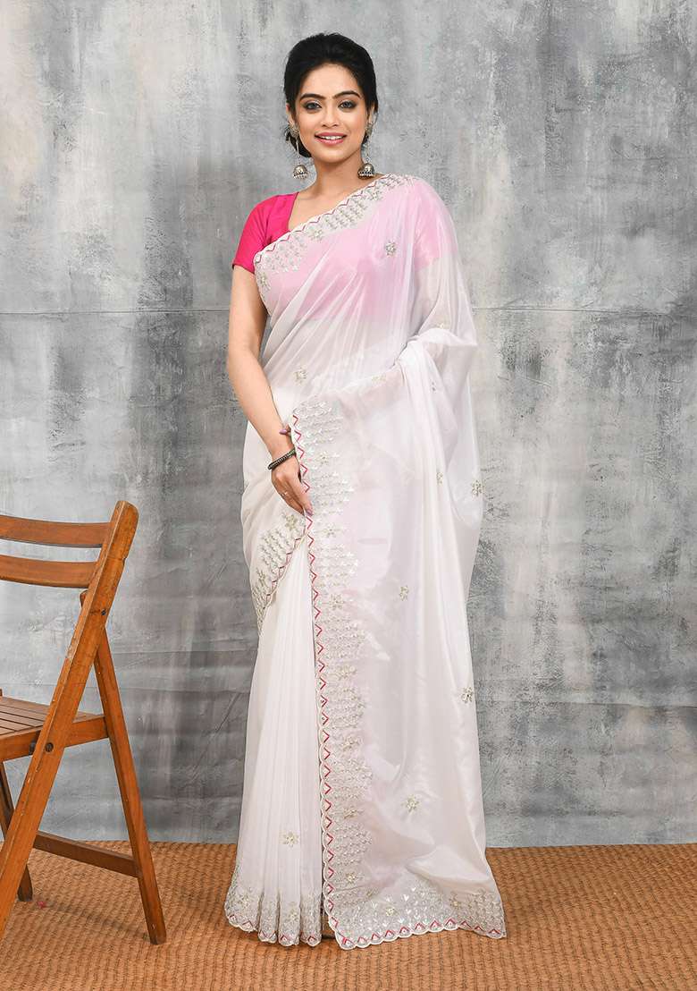 White Embellished Satin Saree Set for Diwali | Wedding & Festive Wear - Indya