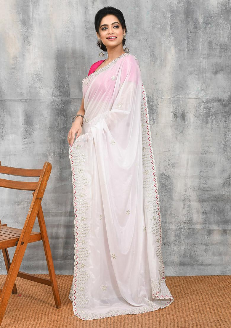 White Embellished Satin Saree Set