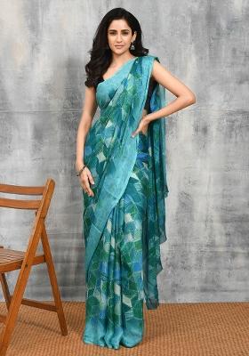 Green Printed Chiffon Saree Set
