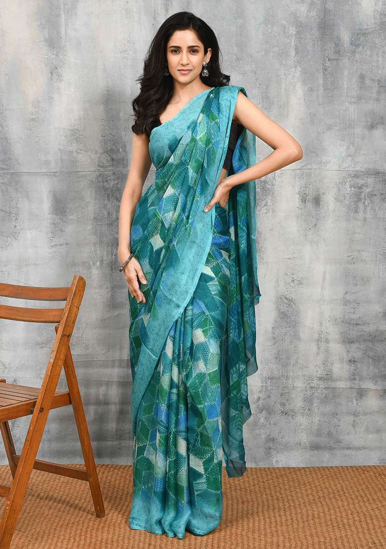 Green Printed Chiffon Saree Set for Diwali and Festive Wear - Indya