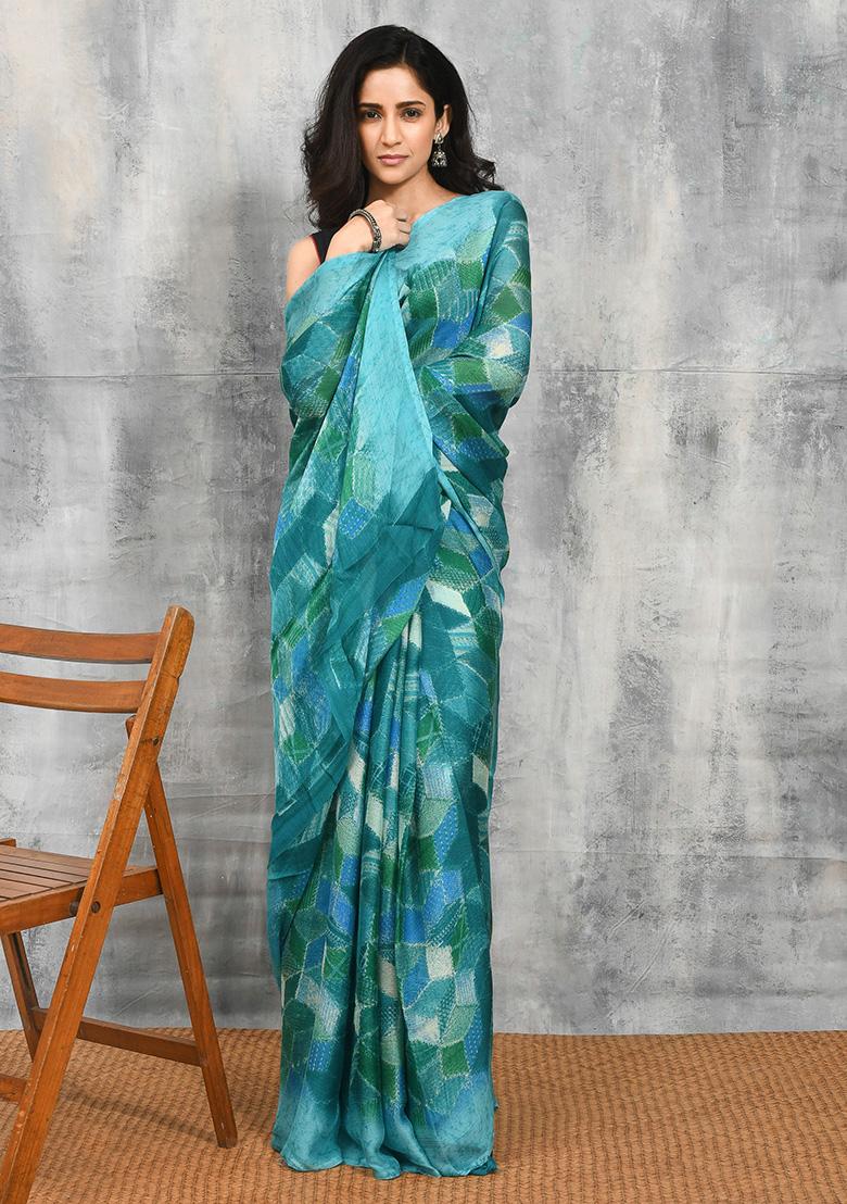 Green Printed Chiffon Saree Set