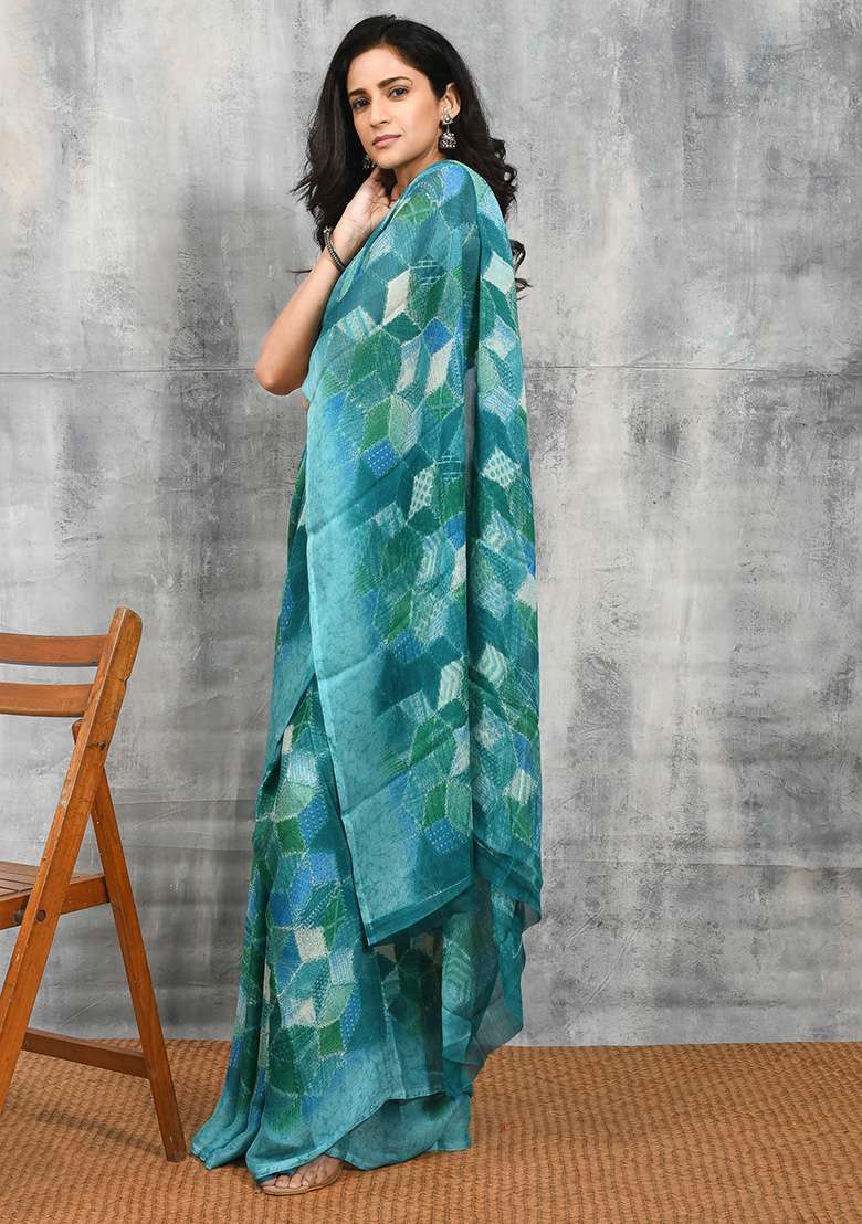 Green Printed Chiffon Saree Set for Diwali and Festive Wear - Indya