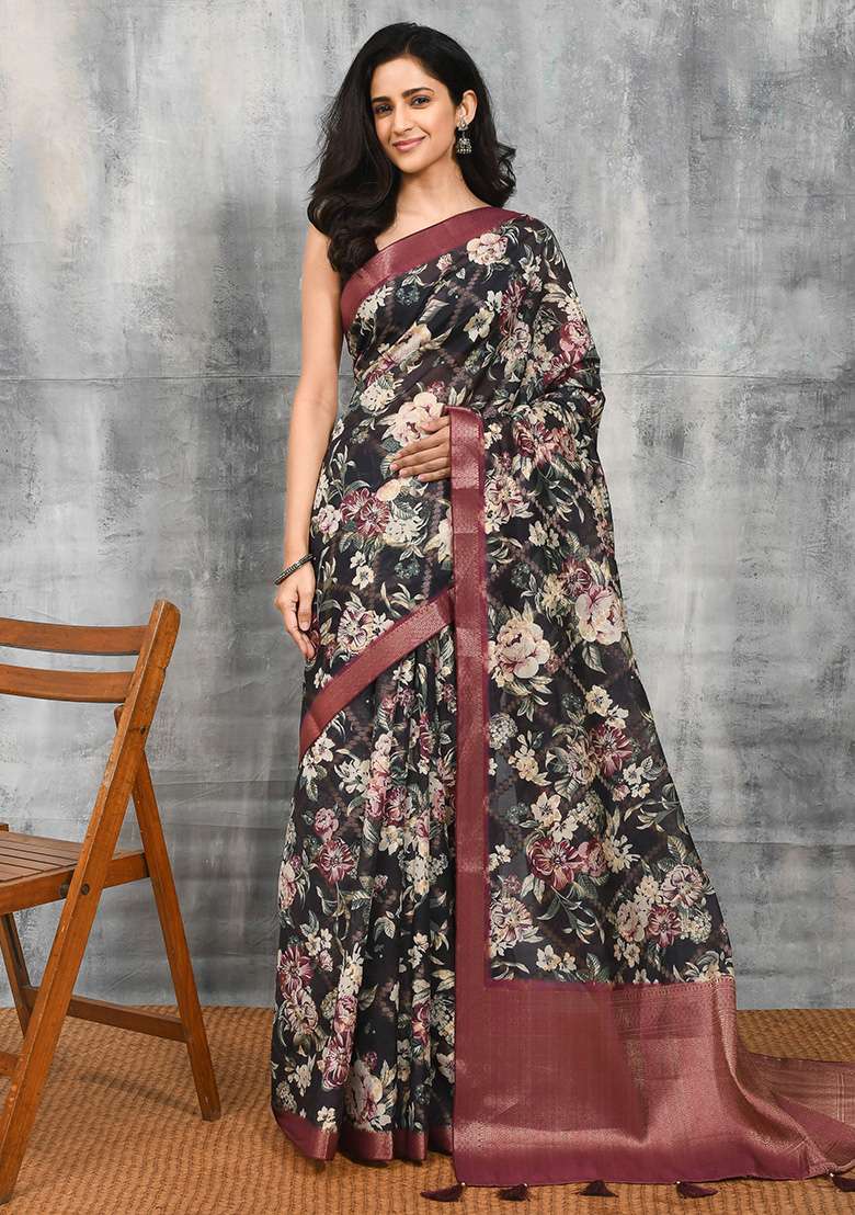 Black Printed Art Silk Blend Saree Set for Diwali and Festive Wear - Indya