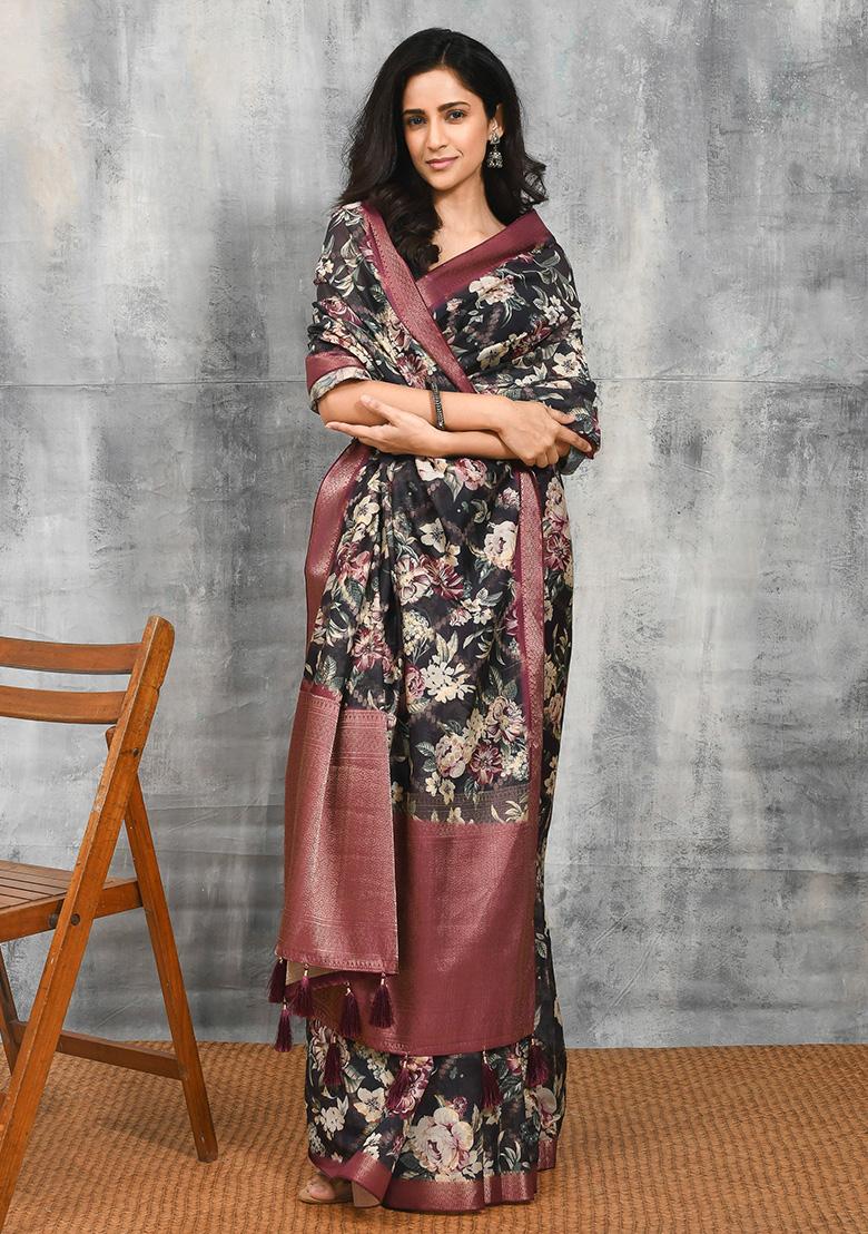 Black Printed Art Silk Saree Set