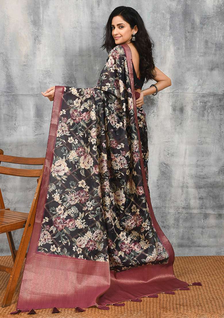 Black Printed Art Silk Blend Saree Set for Diwali and Festive Wear - Indya
