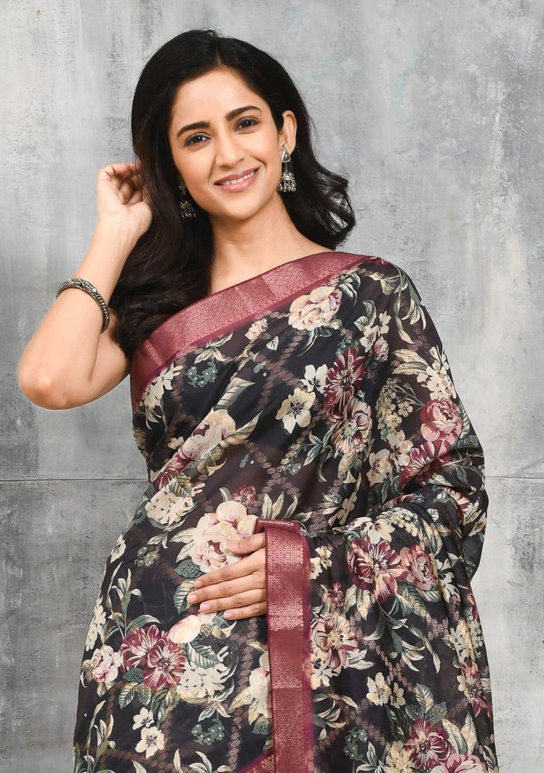 Black Printed Art Silk Saree Set