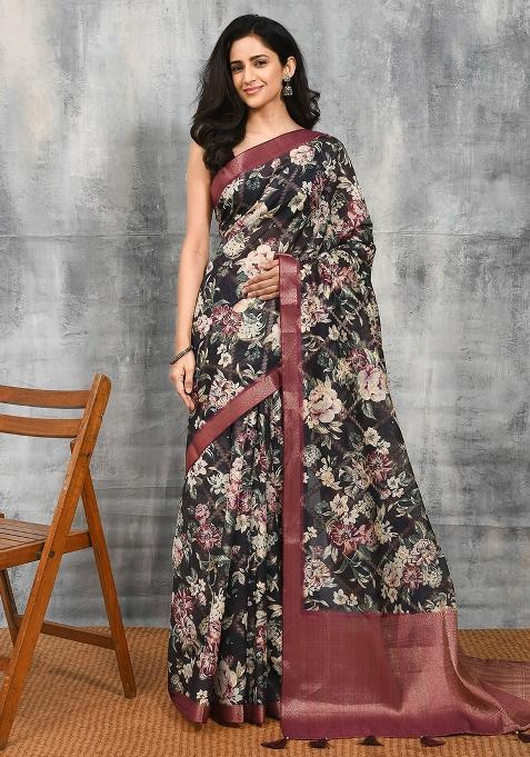 Black Printed Art Silk Saree Set