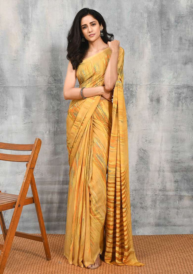 Yellow Satin Saree Set with Printed for Diwali | Wedding & Festive Wear - Indya