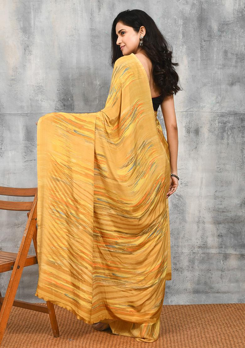 Yellow Printed Satin Saree Set