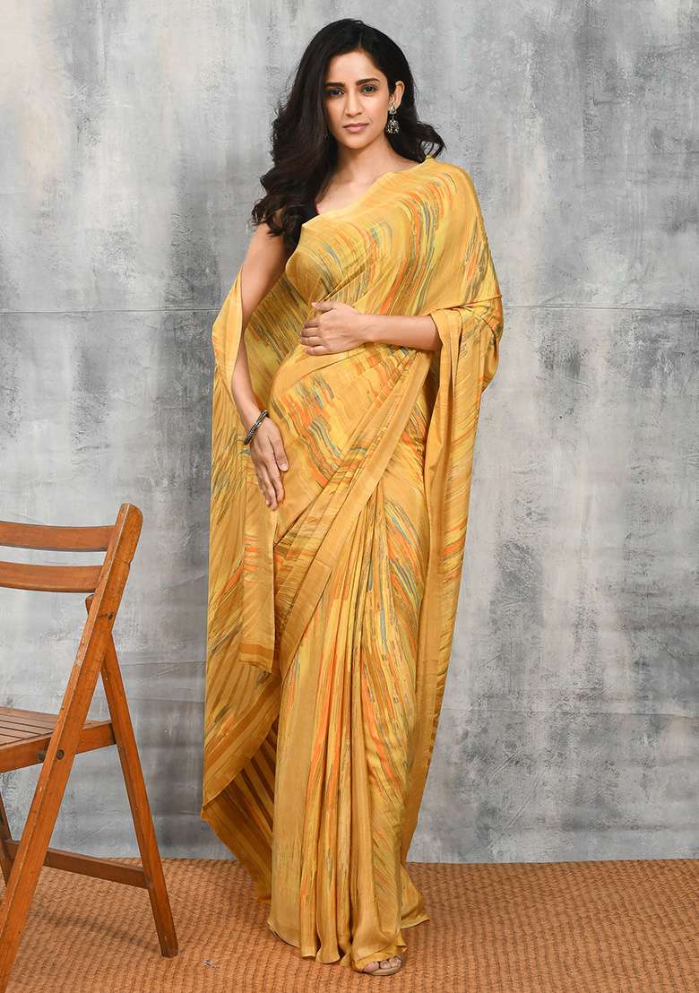 Yellow Satin Saree Set with Printed for Diwali | Wedding & Festive Wear - Indya