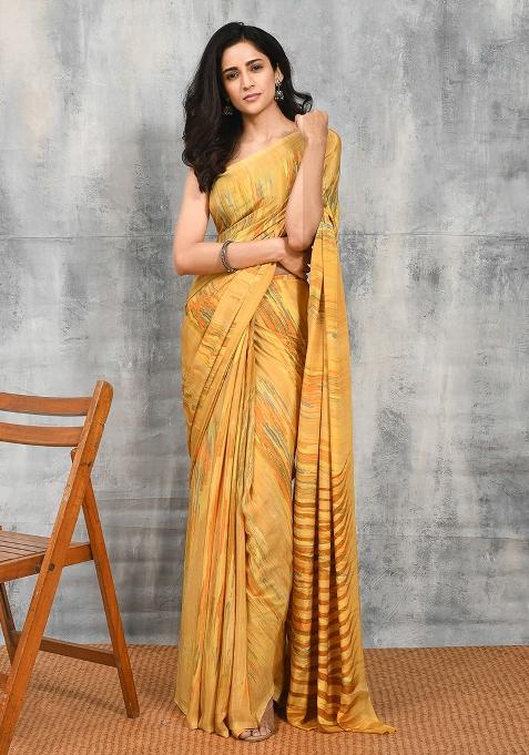 Yellow Printed Satin Saree Set