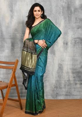 Blue Printed Silk Saree Set