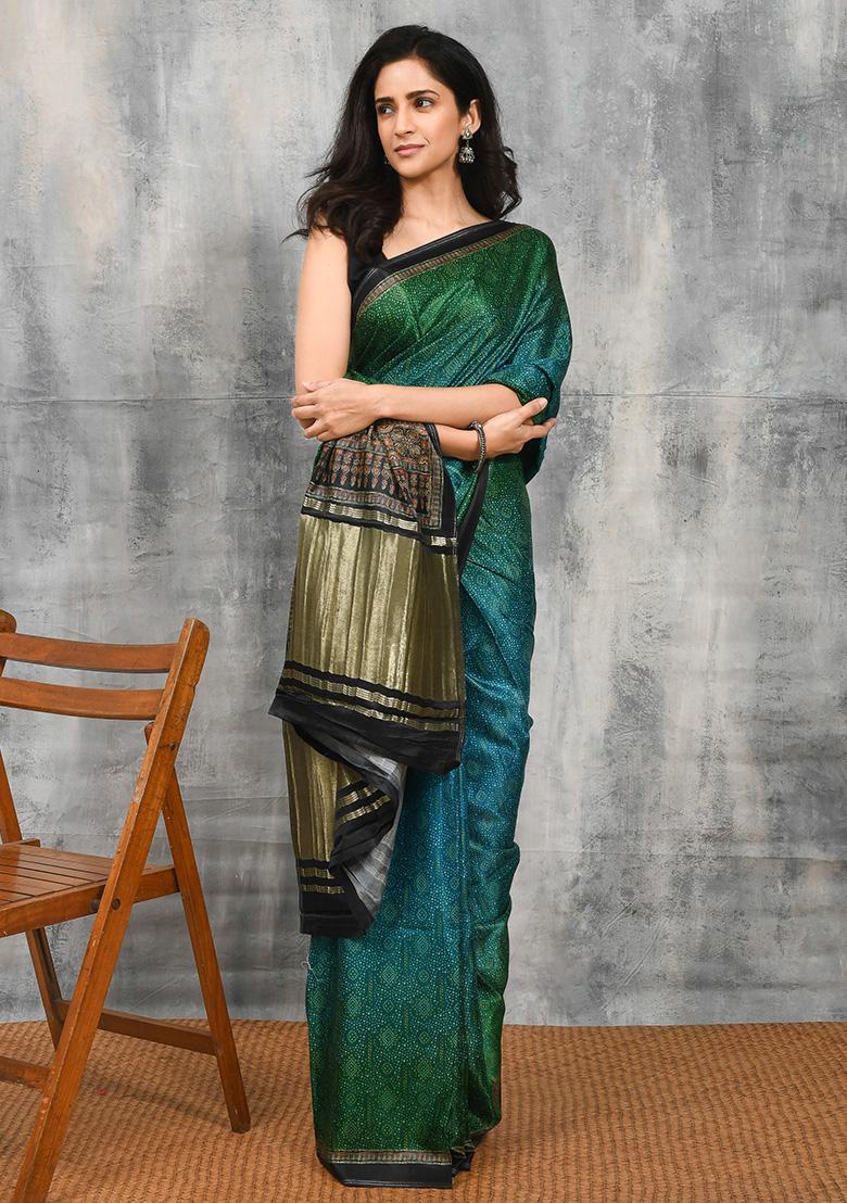 Blue Printed Silk Saree Set
