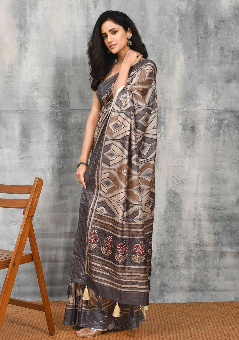 Grey Blend Art Silk Saree Set with Printed for Diwali | Wedding & Festive Wear - Indya