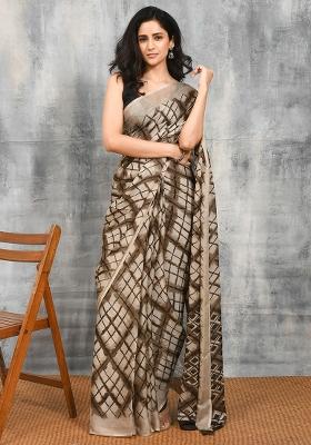 Brown Printed Chiffon Saree Set