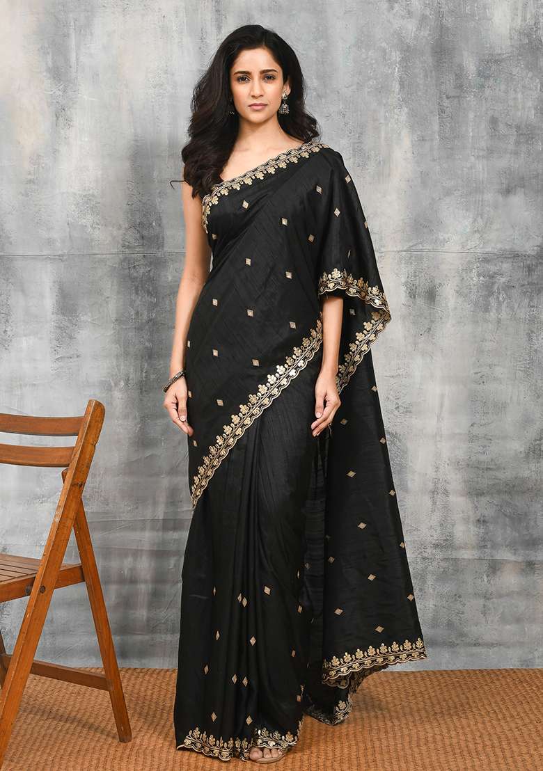 Black Solid Art Silk Blend Saree Set for Diwali and Festive Wear - Indya